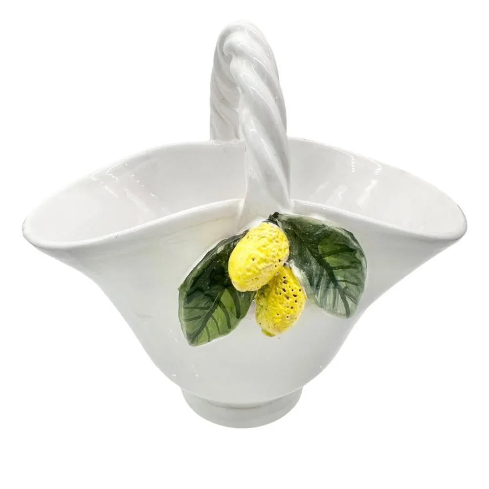 Handmade Ceramic Pottery Basket White with Lemon Leaf Design Vallauris France